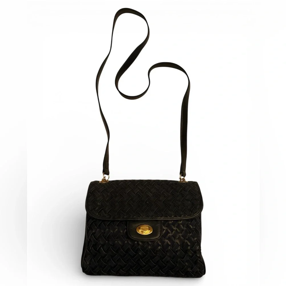Bally S45 Shoulder Bag Suede Leather Woven Intrecciato Design in Dark Blue